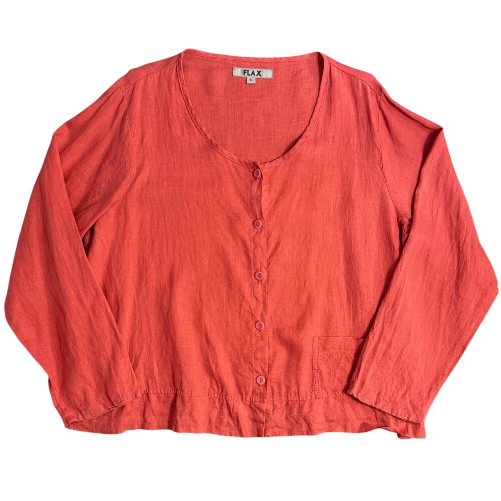 Flax Blouse 100% Linen Button Scoop Neck Pockets Lithuania Made Coral Wmn Large